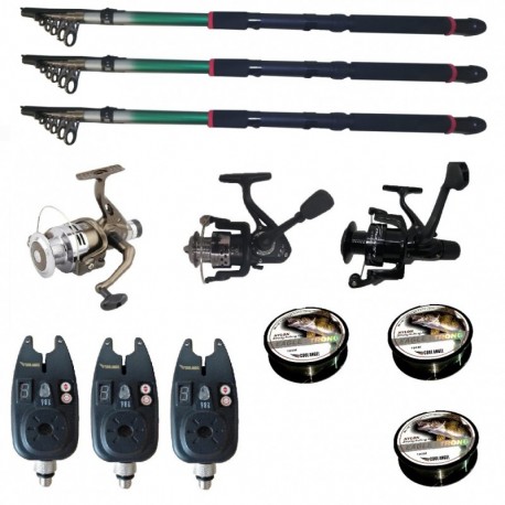 Set pescuit sportiv cu lanseta de 3.6 m Fishing Line, 3 mulinete, 3 senzori si 3 gute