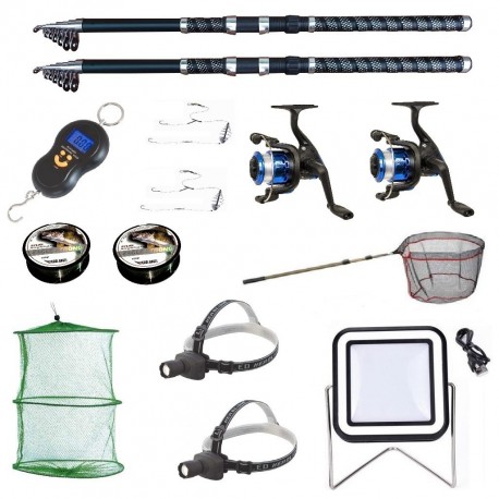 Set 2 lansete ultra carp 3m, cantar electronic, 2 mulinete yf200, 2 forfati, 2 gute, 2 lanterne frontale