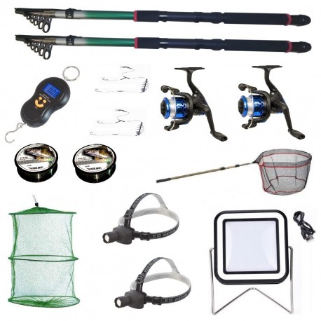 Set 2 lansete eastshark 2.7m, cantar electronic, 2 mulinete yf200, 2 forfati, 2 gute, 2 lanterne frontale