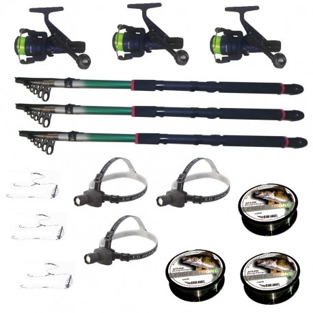 Set pescuit cu 3 lansete 3.6m eastshark, 3 mulinete dpr200, 3 lanterne frontale led, 3 gute si 3 monturi