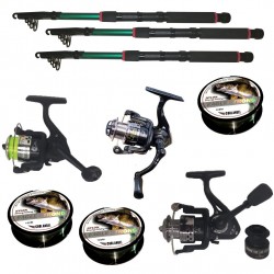 Set pescuite cu 3 lansete de 2,4m, trei mulinete si montura
